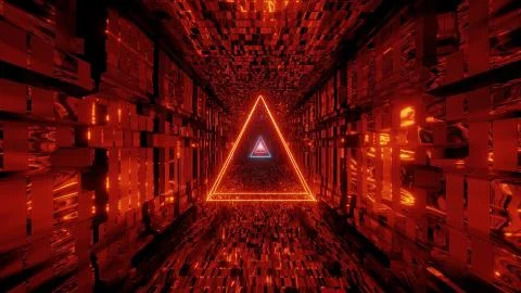 Glowing wire-frame triangle with technical reflective tunnel corridor 3d 스톡 일러스트