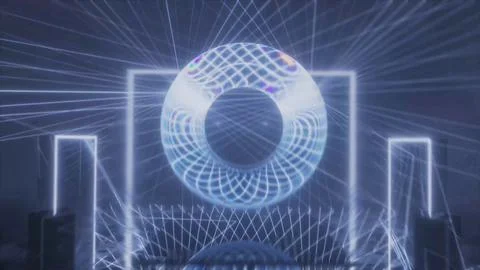 Glowing wire torus on a neon laser stage, 4K illustration Stock Illustration