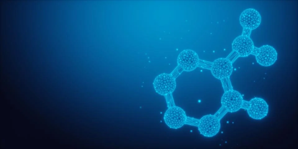 Glowing wireframe abstract molecule on blue gradient background with copy s.. Stock Illustration