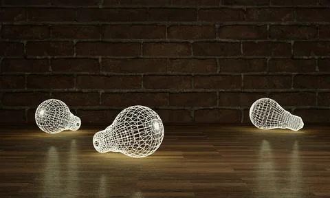Glowing wireframe blub  on Brick wall background and wooden floor. Stock Illustration