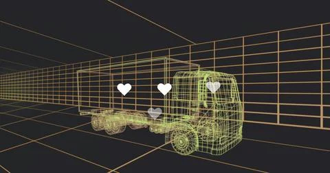 Glowing wireframe box truck hovering inside virtual 3D viewport, showing grid Stock Illustration