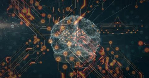 Glowing wireframe brain mesh pulsing with orange nodes in virtual field with Illustrazione stock