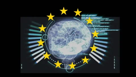 Glowing wireframe brain model floating at center showing HUD ring scrolling code Stock Footage 309287389