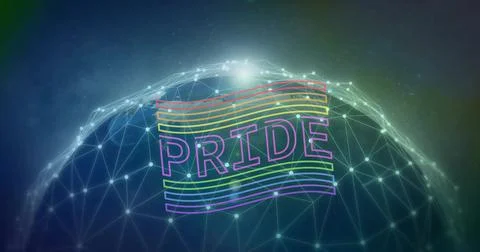 Glowing wireframe dome pulsing in space gradient, with neon PRIDE, rainbow Stock Illustration