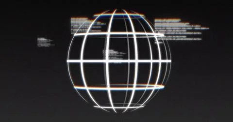 Glowing wireframe globe with digital data processing image on dark background Foto stock