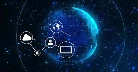 Glowing wireframe globe displaying connected cloud, lock, user, laptop icons in Stock Illustration