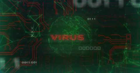 Glowing wireframe globe flashing red VIRUS overlay on alert screen, with green Stock Illustration