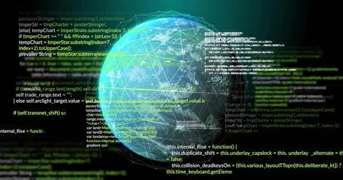Glowing wireframe globe pulsing in virtual data network, showing floating code Illustrazione stock