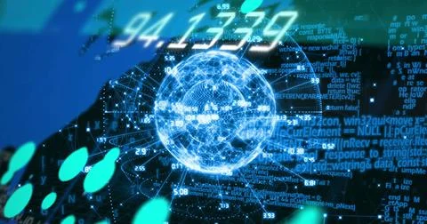 Glowing wireframe globe rotating in 3D dashboard, with numeric labels, code and Stock Illustration