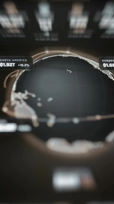 Glowing wireframe globe shows North America at 1.92 trillion dollars Stock Footage 343354835