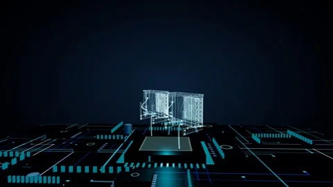 Glowing wireframe hologram of an air conditioner slowly rotating on a Stock Footage 340049575