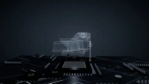 Glowing wireframe hologram of a bench vice slowly rotating on a futuristic Stock Footage 340049600