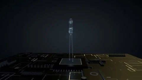Glowing wireframe hologram of a bolt cutters slowly rotating on a futuristic Stock Footage 340049605