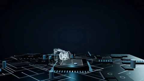 Glowing wireframe hologram of a camera slowly rotating on a futuristic circuit Stock Footage 340049912