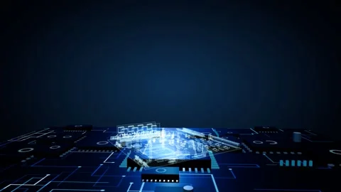 Glowing wireframe hologram of a circuit board slowly rotating on a futuristic Stock Footage 340050097