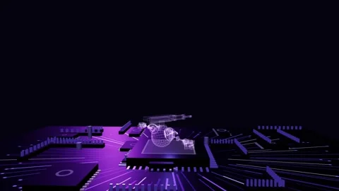 Glowing wireframe hologram of a combat robot slowly rotating on a futuristic Video stock 340051007