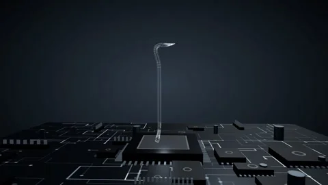 Glowing wireframe hologram of a crowbar slowly rotating on a futuristic circuit Video stock 340050151