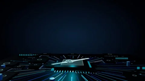 Glowing wireframe hologram of a digital watch slowly rotating on a futuristic Stock Footage 340050188