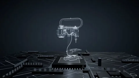Glowing wireframe hologram of a drill press slowly rotating on a futuristic Stock Footage 340050330