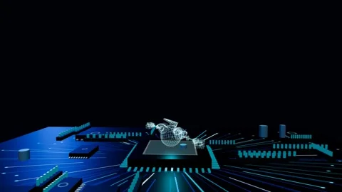 Glowing wireframe hologram of a flying robot slowly rotating on a futuristic Stock Footage 340051171