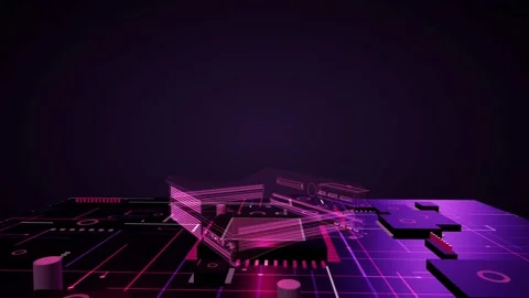 Glowing wireframe hologram of a game console slowly rotating on a futuristic Stock Footage 340050605