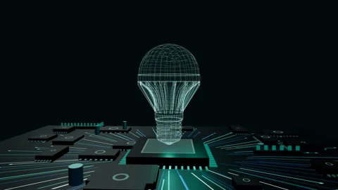 Glowing wireframe hologram of a led bulb slowly rotating on a futuristic Stock Footage 340050695