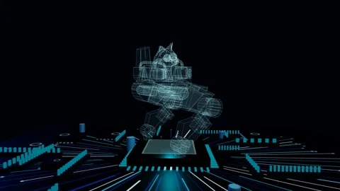 Glowing wireframe hologram of a mech robot slowly rotating on a futuristic Stock Footage 340051329