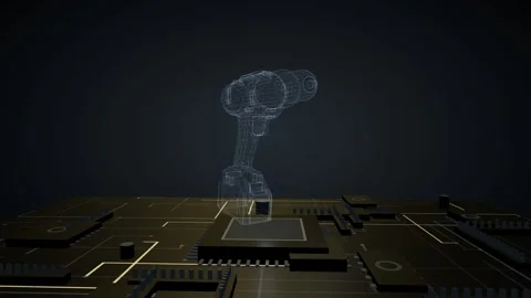 Glowing wireframe hologram of a power drill slowly rotating on a futuristic Stock Footage 340050365