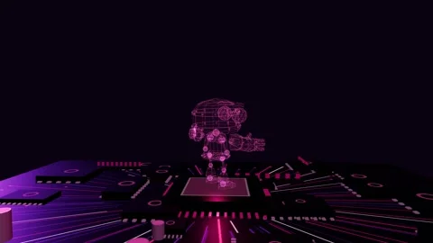 Glowing wireframe hologram of a robot slowly rotating on a futuristic circuit Stock Footage 340050980