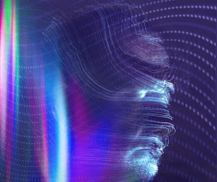 Glowing wireframe human head with swirling light trails Stock Photos