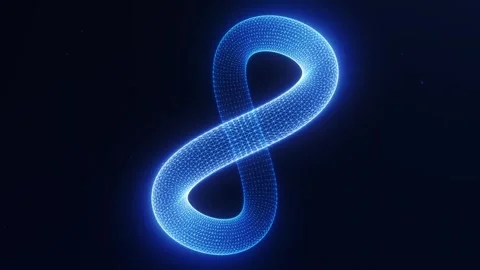 Glowing wireframe infinity symbol on dark background. Blue futuristic loop .. Stock Footage 330675580