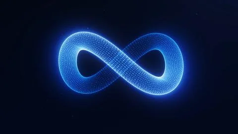 Glowing wireframe infinity symbol on dark background. Blue futuristic loop .. Stock Illustration