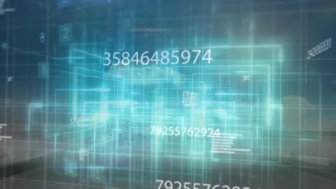 Glowing wireframe matrix initiating scan, numbers floating and updating to Stock Footage 328648984