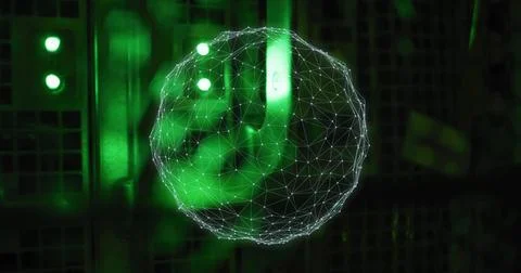 Glowing wireframe network sphere floating in data center, with green light bar 스톡 일러스트