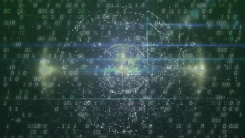 Glowing wireframe sphere floating, sending blue and yellow light streaks across Stock Footage 307857606