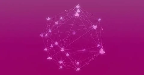 Glowing wireframe sphere pulsing in virtual magenta gradient, showing nodes, Illustrazione stock
