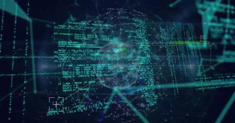 Glowing wireframe sphere streaming code and numeric columns in virtual 3D Stock Photos