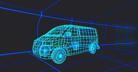 Glowing wireframe van rotating in dark tunnel corridor, showing wheels, windows, Ilustración de archivo