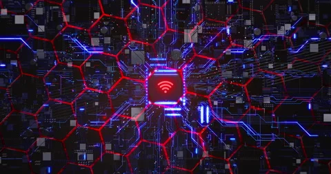 Glowing Wireless Symbol On Computer Chip. High Tech Motherboard. 動画素材 252679519