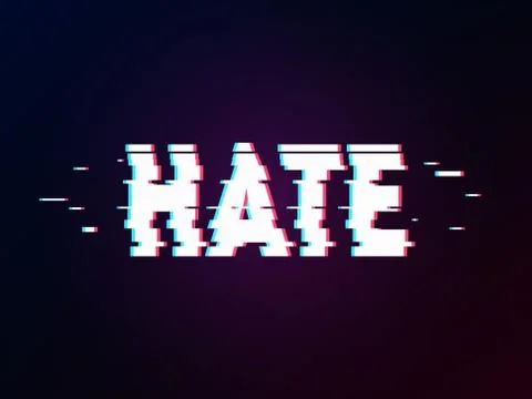 Glowing word hate with glitch effect on dark gradient. Background in TV error Stock Illustration
