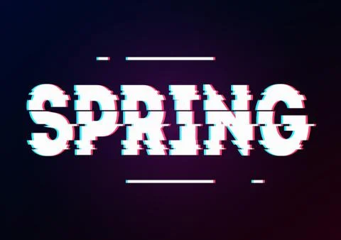 Glowing word spring with glitch effect on dark gradient. Background in TV err Illustrazione stock