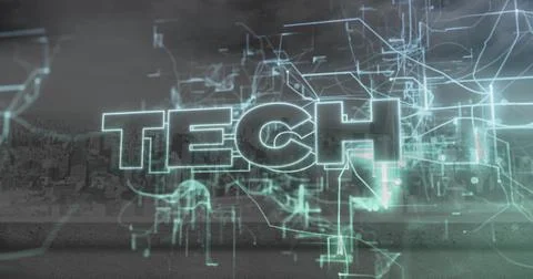 Glowing word TECH hovering over virtual urban skyline, with holographic circuits Illustrazione stock