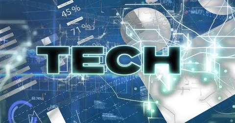 Glowing word TECH shining in digital environment, with pie chart segments, data 스톡 일러스트