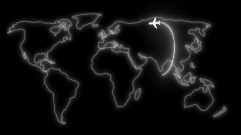 Glowing world map with airplane flight path animation Stock Footage 325259842