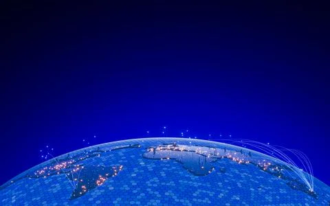 Glowing world map, celular, honeycomb, hexagonal, science, technology, HUD .. Ilustración de archivo