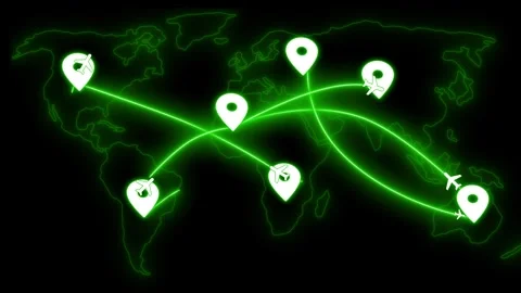 Glowing world map with flight paths and location markers animation Vídeos de archivo 325262274