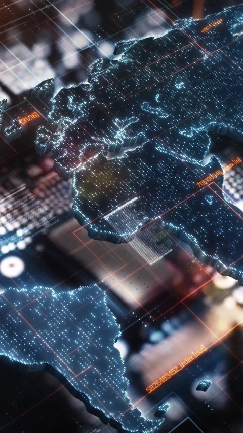 Glowing world map hologram over server room: futuristic global network Stock Footage 294699366