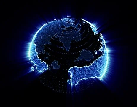 Glowing world map, tech globe and satellite 스톡 일러스트