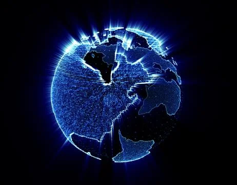 Glowing world map, tech globe and satellite Stock Illustration