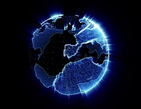 Glowing world map, tech globe and satellite Stock Illustration